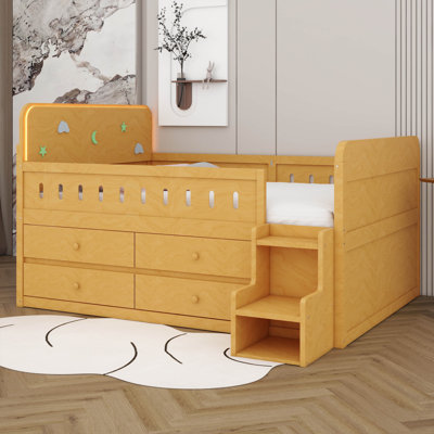Full Size Wooden Bed With LED Lights, Platform Bed With Storage Drawers, No Box Spring Needed