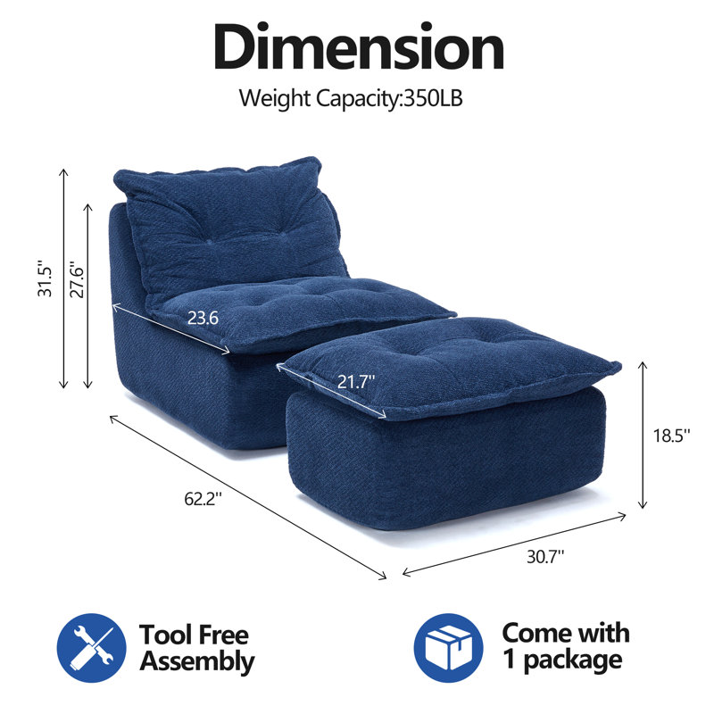 Upholstered Chaise Lounge with Moveable Ottoman, Indoor Soft Cozy Sofa , Blue