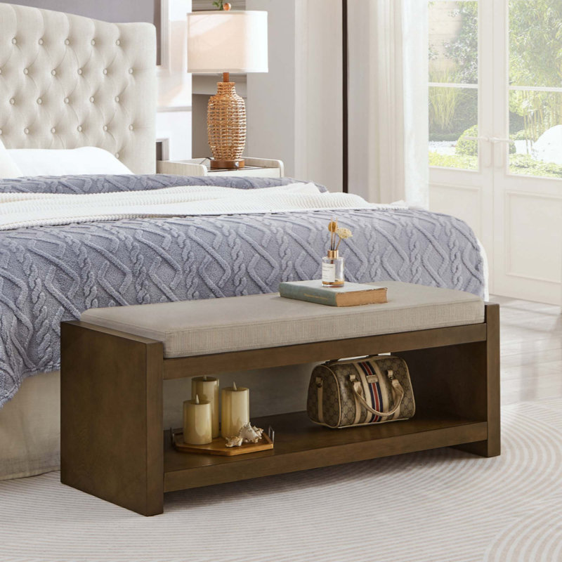 Accent Bench With Lower Shelf Shoe Rack, Padded Seating Bench For Living Room, Modern Compact Bed End Bench With Storage For Bedroom Seating, Removable Cushion