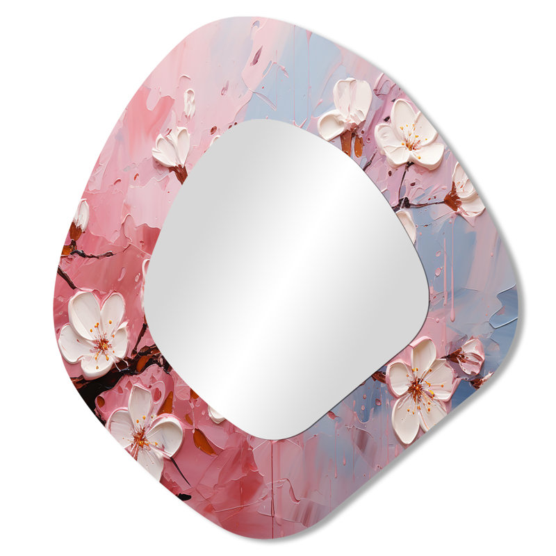 Kyrie blanc et rose cerisier Bloom III - miroir mural de forme unique cerise, miroir décoratif asymétrique rose, impression sur métal