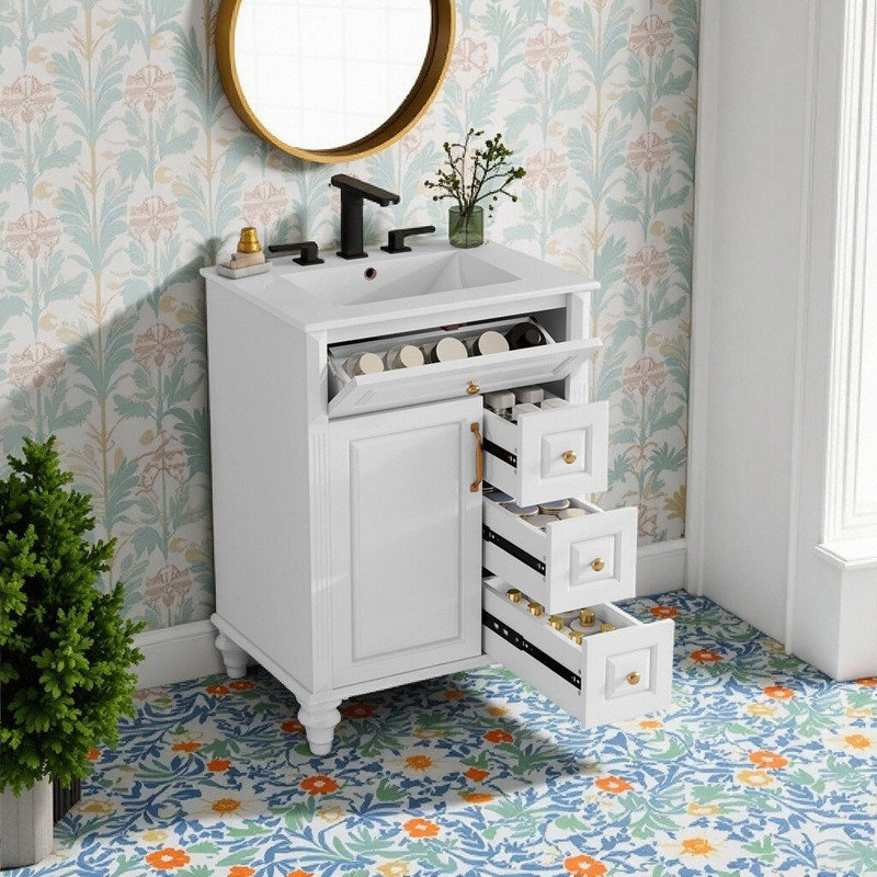 Armoire de meuble-lavabo autoportant de 24 po avec cadre en bois massif et tiroir escamotable en MDF, Blanc