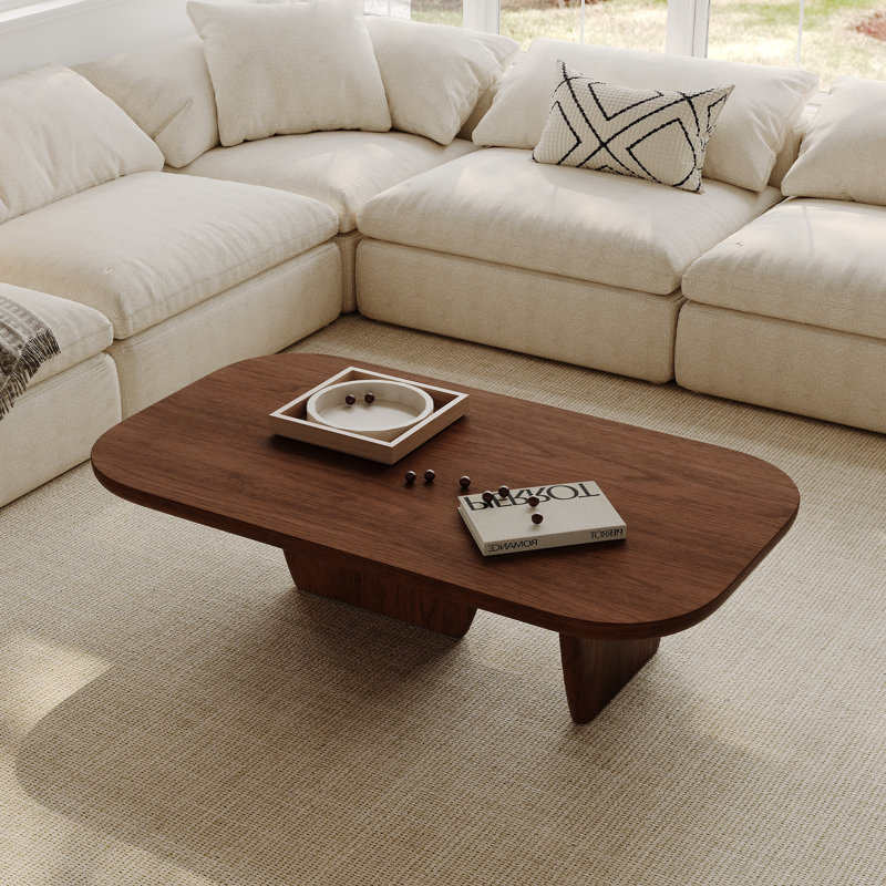 Table basse rectangulaire de 51 po avec deux pieds en bois uniques, table basse moderne Mid-Century avec centre de table en bois de qualité supérieure au fini noyer