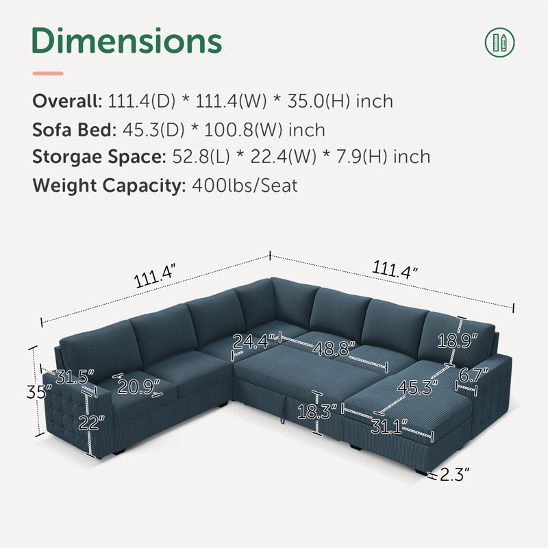 Brunella U-shaped Oversized Sleeper Sofa Storage Corduroy Sectional, Blue Corduroy