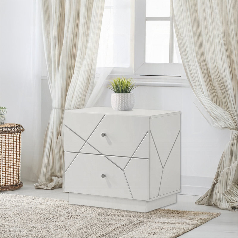 Table de chevet contemporaine à 2 tiroirs blanc brillant avec détails en relief | Idée de cadeau