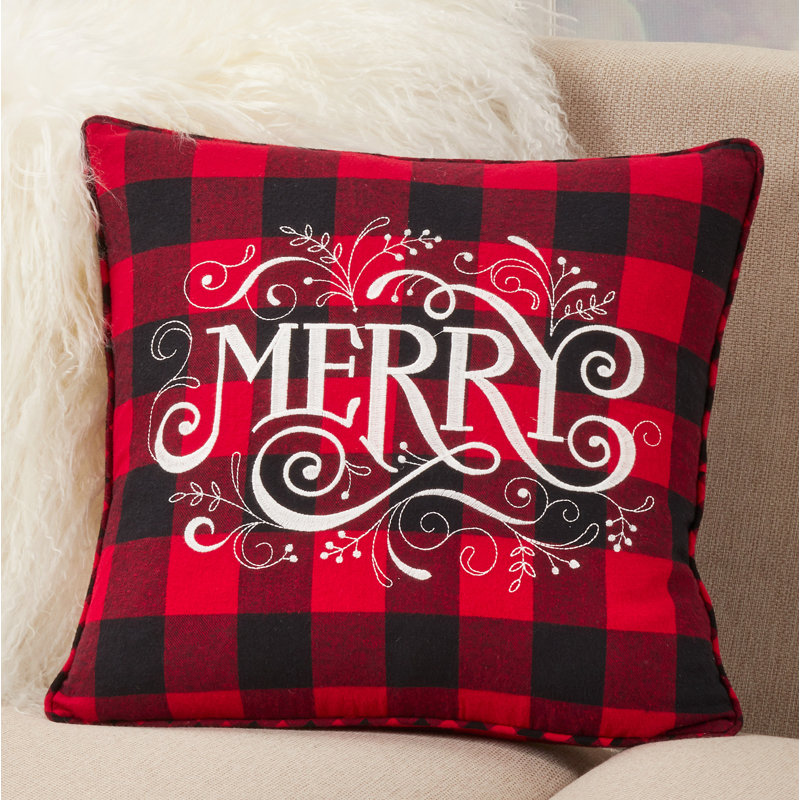 Red and Black Embroidered Cotton Plaid Throw Pillow, 16"