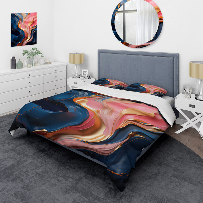 Ensemble de housse de couette à encre liquide rose et or, Housse de couette pour grand lit et 2 taies décor