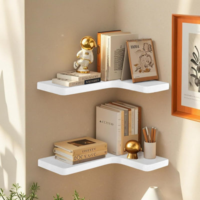 Ensemble de 3 tablettes de coin flottantes, tablette murale en bois massif, tablettes flottantes pour le rangement de la cuisine de la chambre à coucher, salle de bain, blanc