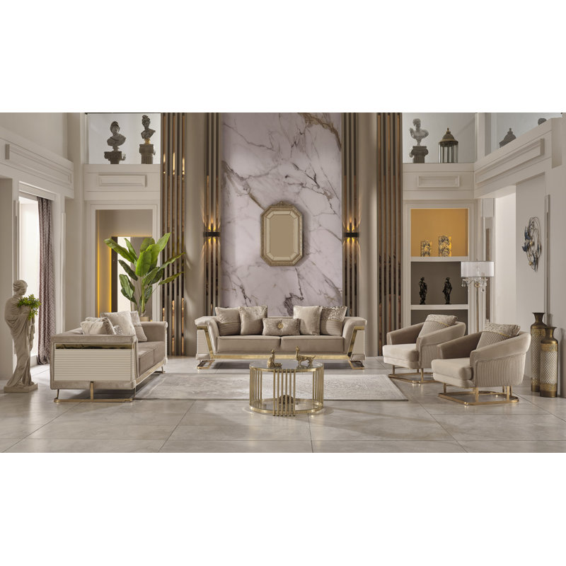 Talla 4-Piece Living Room Set – Beige Two Sofas and Two Chairs with Gold Accents