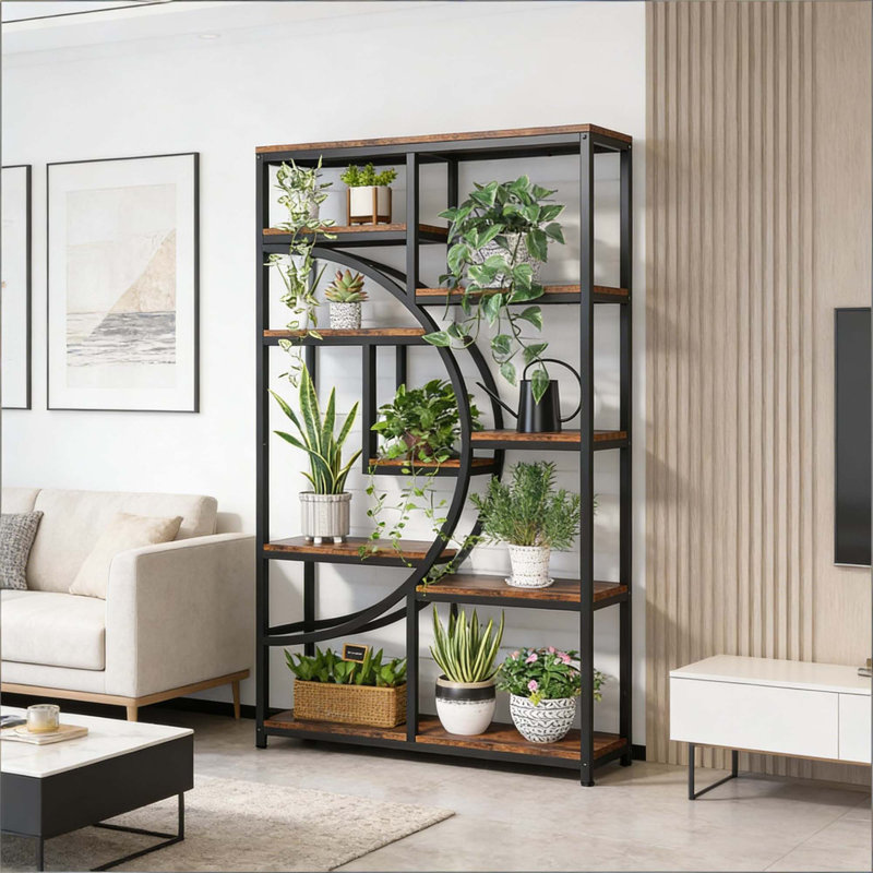 Geometric Design Display Shelf,Spacious Bookcase,Freestanding Bookshelf, Rustic Brown/Black