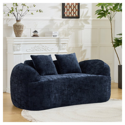 Dark Blue Curved Chenille Loveseat Sofa with Armrests, Minimalist Design for Living Room