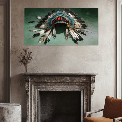 Crosslin Wall Art - Art décoratif sur toile, coiffe à plumes, œuvre d'art indien pour la maison et le bureau, impression éclatante sur toile tendue, 12 po x 24 po
