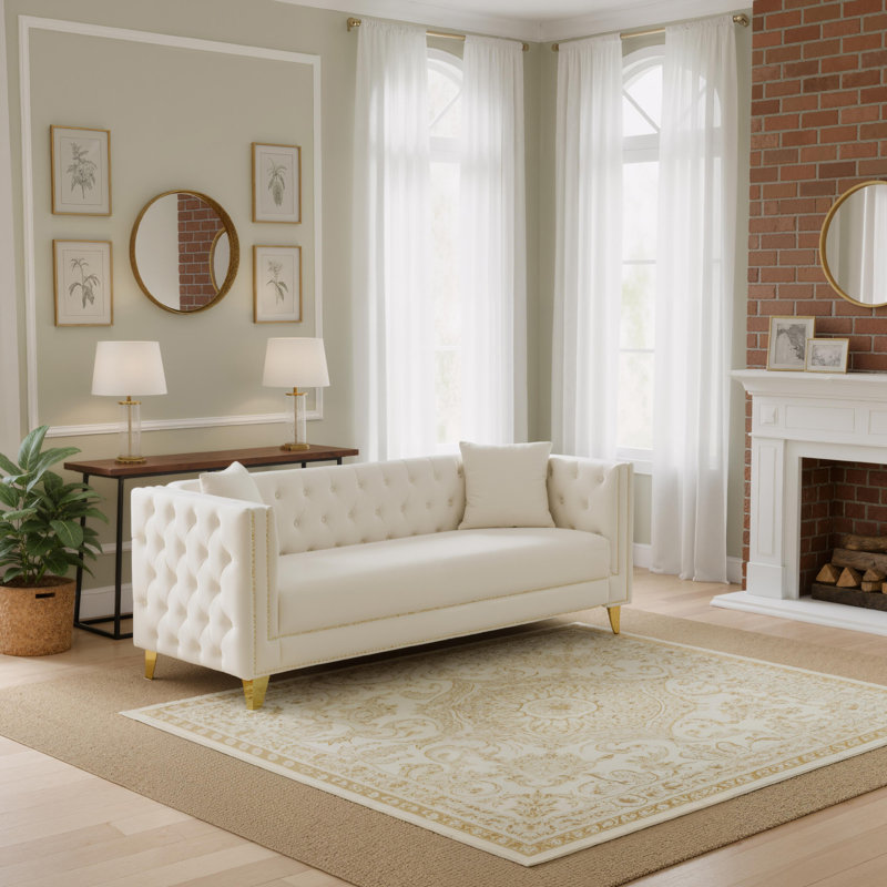 80.5" Tufted Velvet Sofa with Nailhead, Beige, 29" H x 80.7" W x 29" D