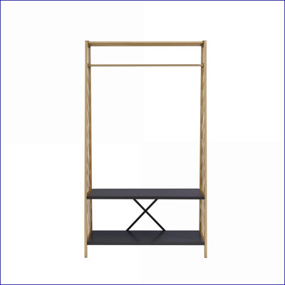 Hall Tree with 2-Tier Shelves &amp; Hanging Rail, Metal | Gold &amp; Black