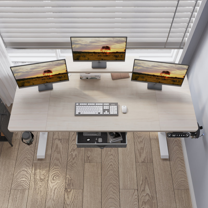 Lasherrie Height Adjustable Standing Desk With A Layer, Oak/White, 49" H x 63" W x 30" D