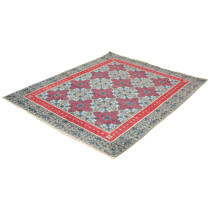 Tapis carré rouge en laine noué à la main de conception unique de style années 2010 rouge foncé / gris 8 pi 1 po Lexi-May Lexi-May