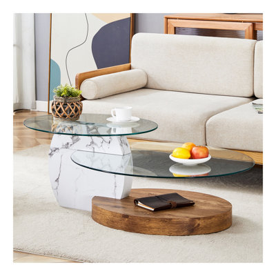 Table basse contemporaine à double couche artistique - marbre blanc et collage de grain de bois, plusieurs couleurs disponibles. Autocollant de panneau de densité, verre renforcé,