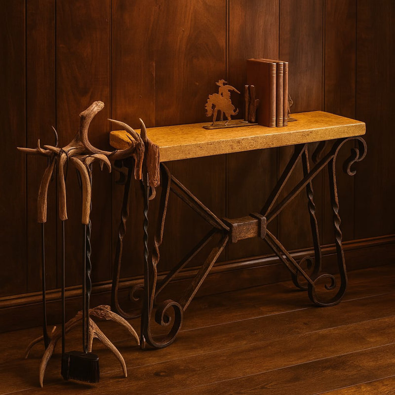 Peach Travertine Console Table With Hand-forged Iron Base | 1212ft Pds