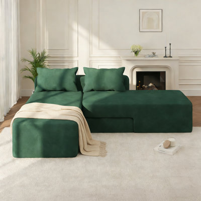 Convertible Boneless Couch, 4-in-1 Flexible Sectional Sofa with Adjustable Chaise & Deep Seat, Upholstered Modular Design for Living Room, Includes 2 Pillows, No Assembly Required, Green