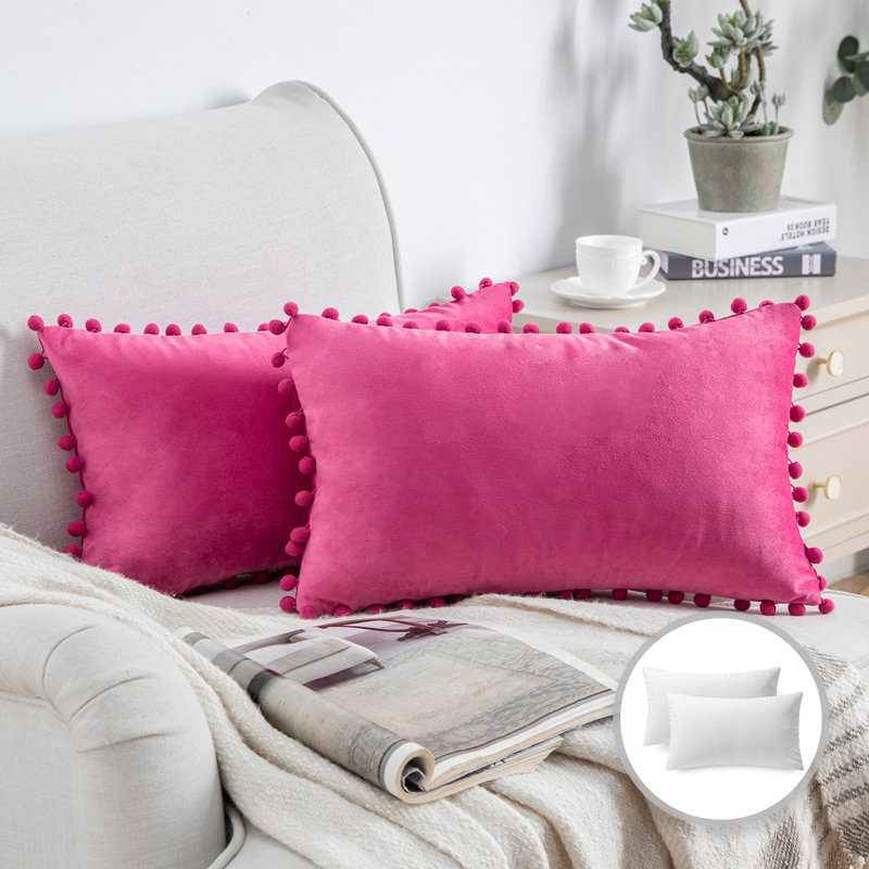 Silky Velvet Series Pom-poms Decorative Throw Pillow, Pink, Pillow Cover & Insert, Rectangle 12"H x20"W
