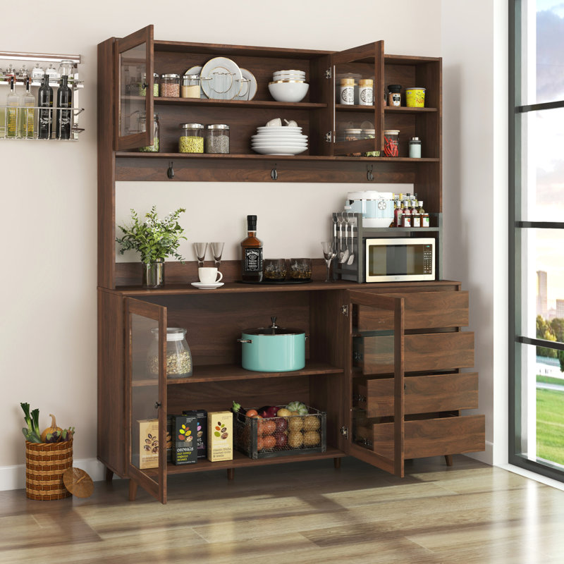 Grande armoire de cuisine 63 po en noyer - 4 portes, tiroirs et tablette à micro-ondes avec rangement pour garde-manger autoportant