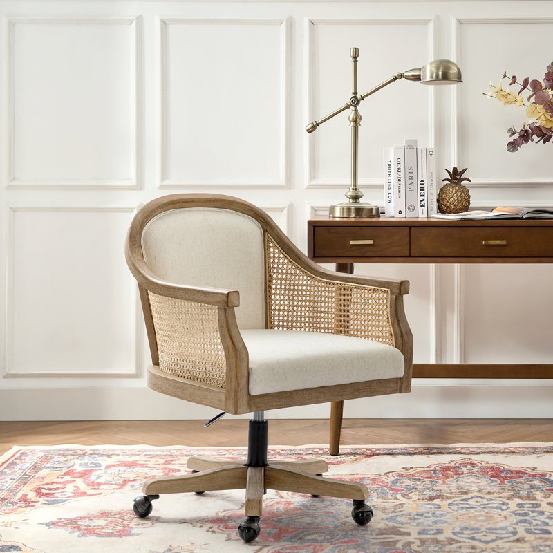 Xaver 50.8cm W Farmhouse Swivel Barrel Task Chair with Rattan Arms, Ivory
