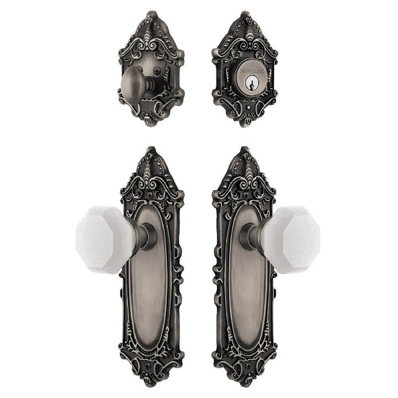 Ensemble d'entrée victorienne Nostalgic Warehouse avec bouton en cristal Waldorf blanc, Étain antique, 2.75
