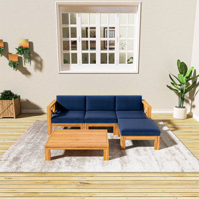 5-Piece Acacia Wood Outdoor Sectional Sofa Set, Patio Seating Group With 4 Cushions, 3 Back Pillows, 2 Corner Sofas, 1 Armless Sofa, 1 Ottoman And 1 Tea Table, Ideal For Backyard, Garden, Deck And Poolside, Natural Finish + Blue Cushions