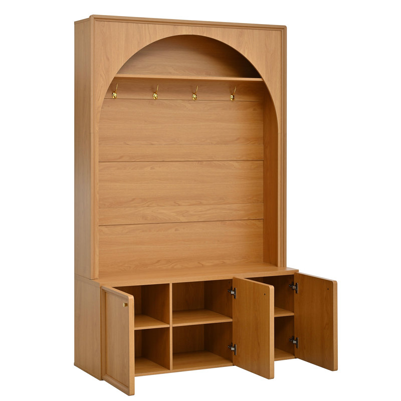 Farmhouse All-In-One Hall Tree With Adjustable Shelves, Retro Arched Entryway Storage Bench With 3 Cabinets, Wooden Coat Rack Organizer With 4 Golden Hooks For Mudroom, Hallway, Natural/Teak