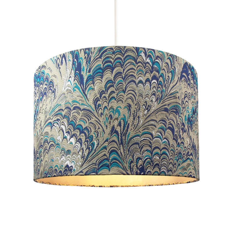 Contemporary and Vivid Peacock Print Table/Pendant Lamp Shade in Soft Cotton, 18cm H x 25cm W x 25cm D, Grey/Blue
