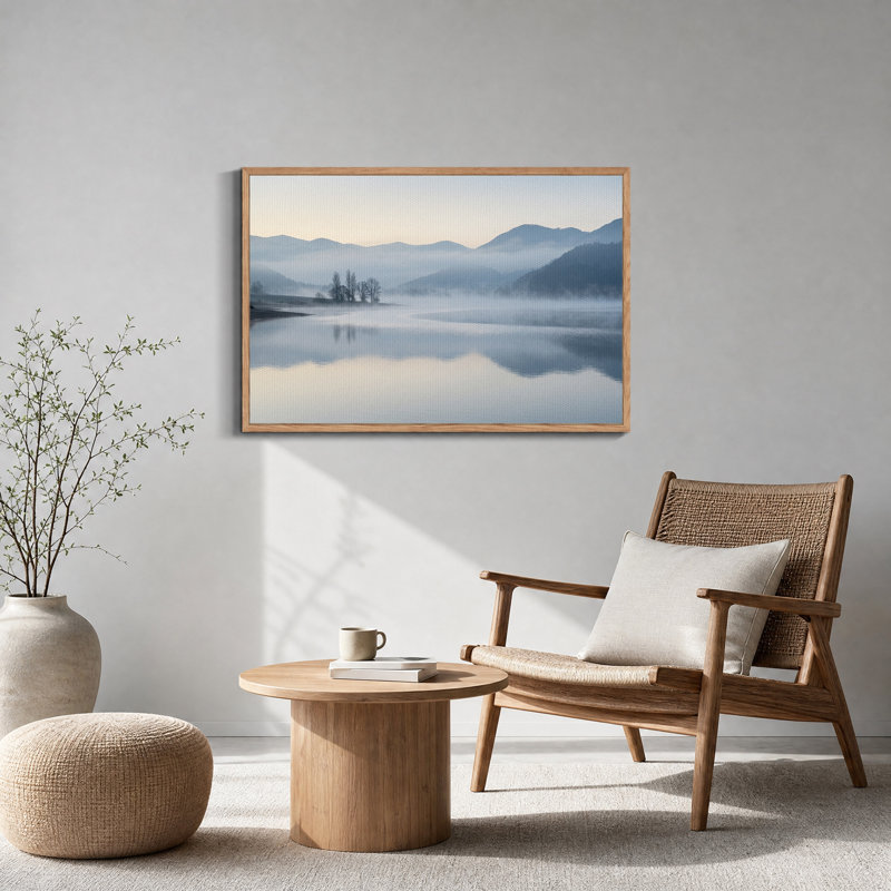 Montagnes brumeuses et arbres dénudés se reflétant dans une rivière - Tableau sur toile, 18"H x 24"W
