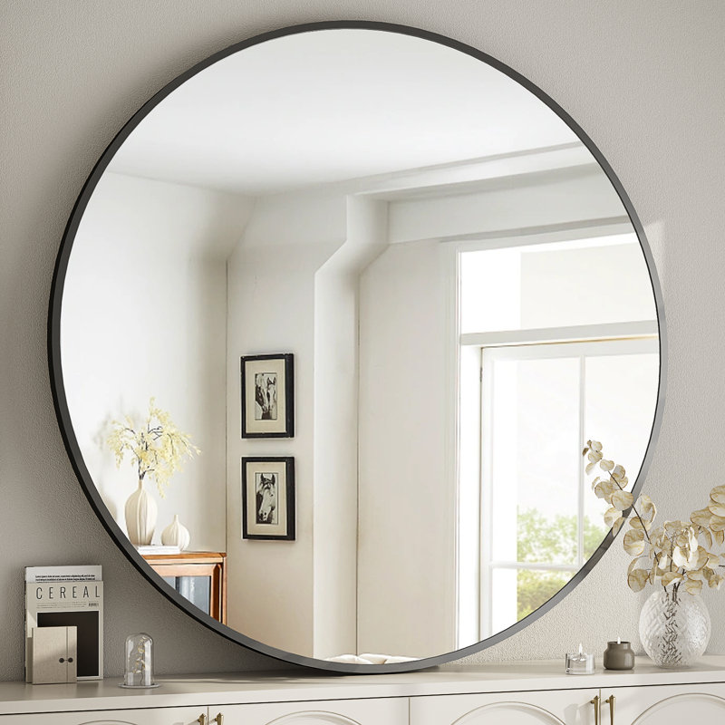 Gehard Round Metal Framed Mirror , Black, 42" x 42"
