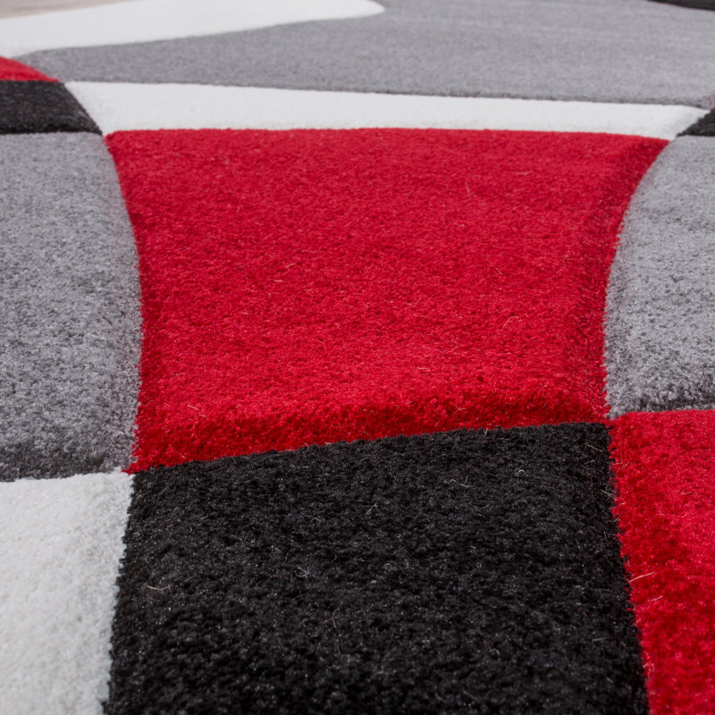 Tapis en polypropylène tissé à la machine abstrait Cristantello en rouge / noir / gris, Rectangle 5 pi 3 po x 7 pi 6,6 po