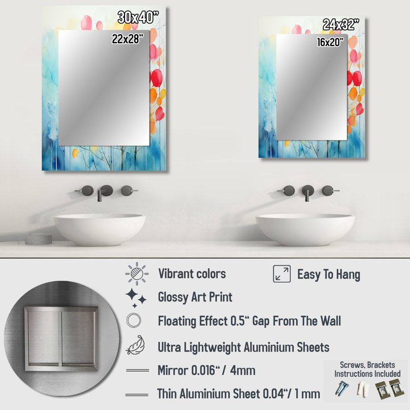 Arbre de printemps coloré rose et bleu - miroir mural décoratif, grand miroir moderne, art imprimé en métal, 32 po x 24 po