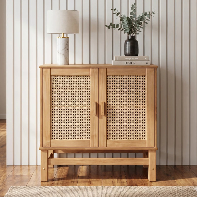 Buffet 2 portes en bois naturel avec portes en rotin tissé et tablette intérieure