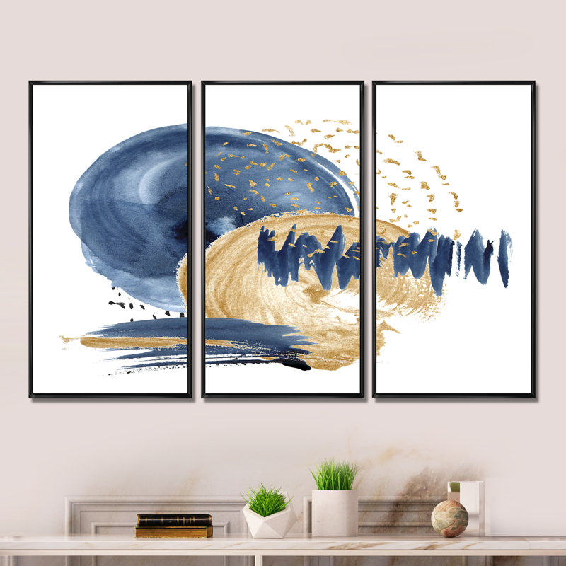Bleu foncé et or, cercle abstrait, texture de l'océan - cadre flottant, peinture sur toile 3 pièces, Noir, H 28 po x l 36 po