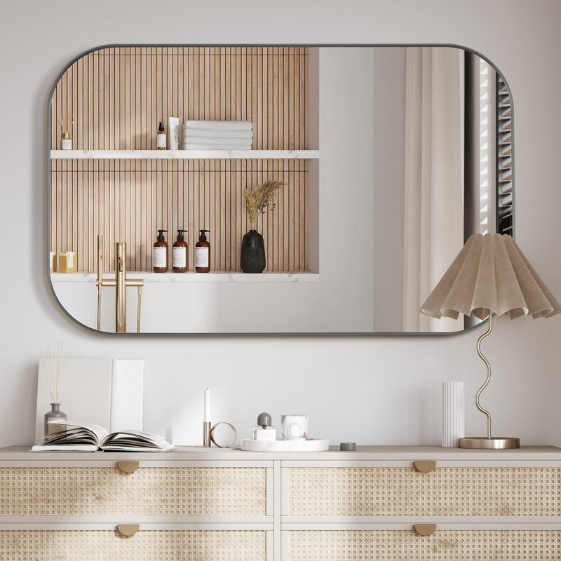 Trielle Rectangular Aluminum Framed Modern Bathroom Wall Mirror, 29.5" x 48", Gunmetal