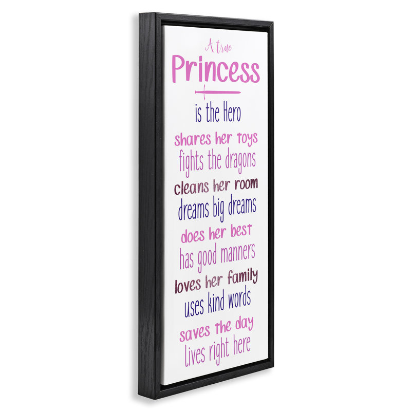 «True Princess Is The Hero», art mural sur toile, design par Kim Allen, H 25 po x l 11 po, Cadre flottant noir de jais
