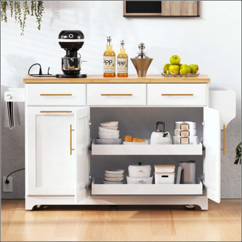 Kitchen Island with Rubber Wood Drop Leaf, 2 Pull Out Organizers & Trash Can Storage, Rolling Cart with Power Outlet, Spice & Towel Racks for Kitchen & Dining