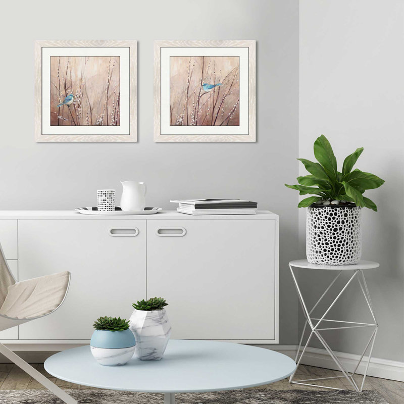 « pretty oiseaux », ensemble de 2 reproductions de peintures à l’acrylique encadrées, H 16,5 po x l 33 po x P 1 po, Blanc mat