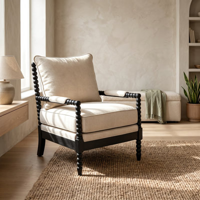 Black Bobbin Spindle Accent Chair with Beige Linen Upholstery and Solid Rubber Wood Frame