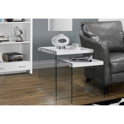 Table gigogne, ensemble de 2, côté, bout, décor, salon, chambre à coucher, stratifié blanc brillant, verre trempé transparent, contemporain, moderne