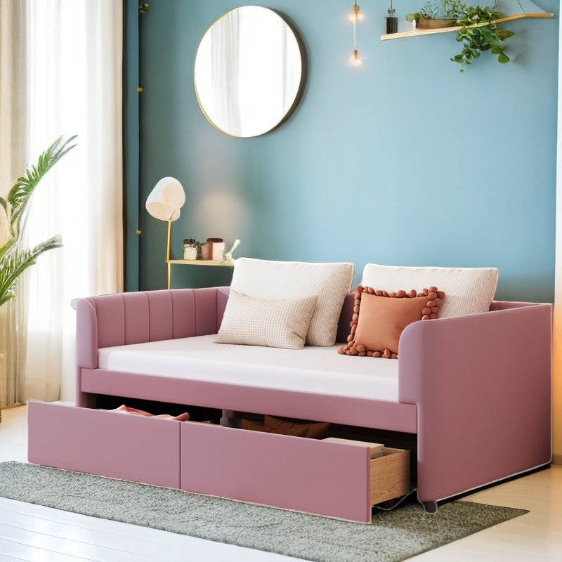 Teairah Twin Size Upholstered Daybed With Two Drawers, Pink