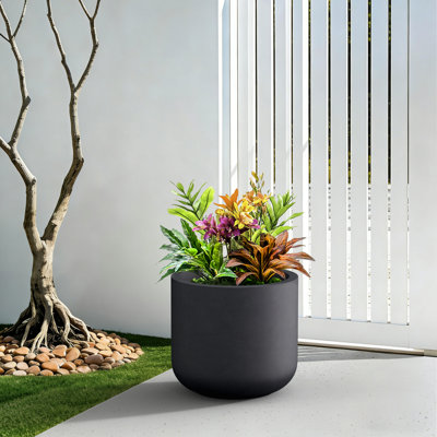 14 in. Medium Matte Black(Upgraded Interior) Concrete Round Planter / Pot with Drainage Hole for Indoor & Outdoor
