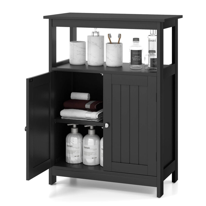 Bathroom Floor Cabinet Freestanding Storage Organizer With 2 Doors Open Compartment , Black