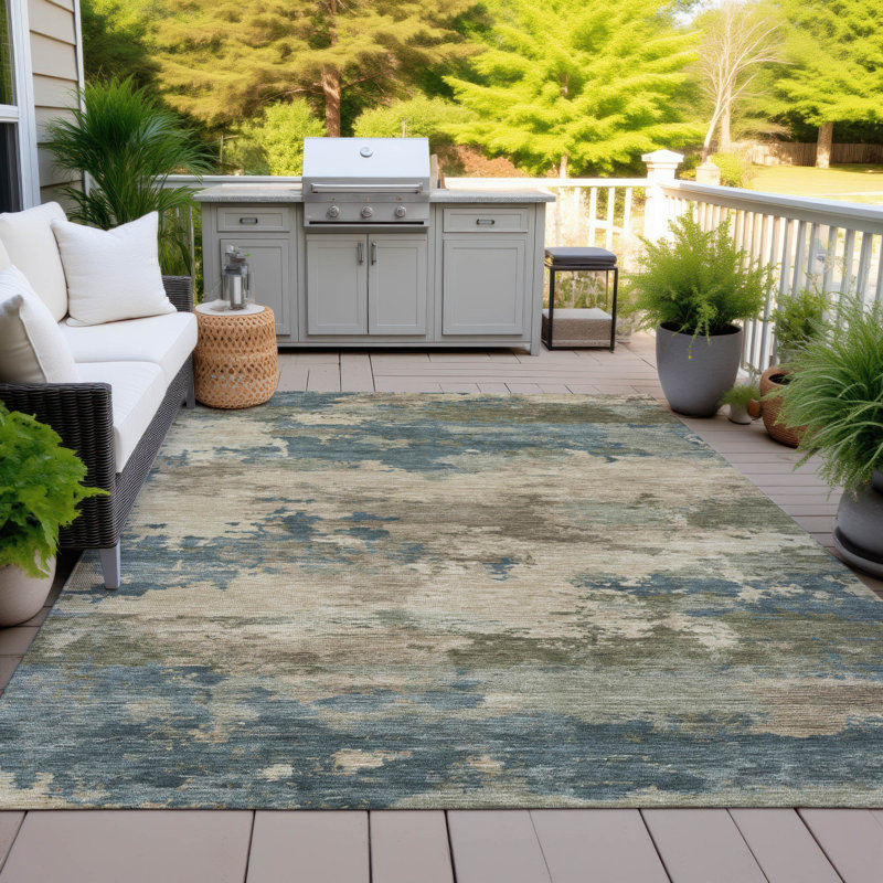 Machine Washable Indoor/Outdoor Xhevrie Teal Rug, Rectangle 10' x 14'