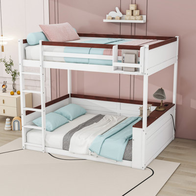 Queen Over Queen Wood Bunk Bed With Built-In Shelves, Storage Box, LED Light And USB Ports