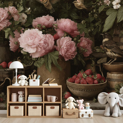 Peel and Stick papier peint Boho Cottagecore Room Decor, fleurs de pivoines roses foncées, papier peint amovible en PVC, H 100 po x l 144 po, pour le salon, la chambre et le bureau à domicile