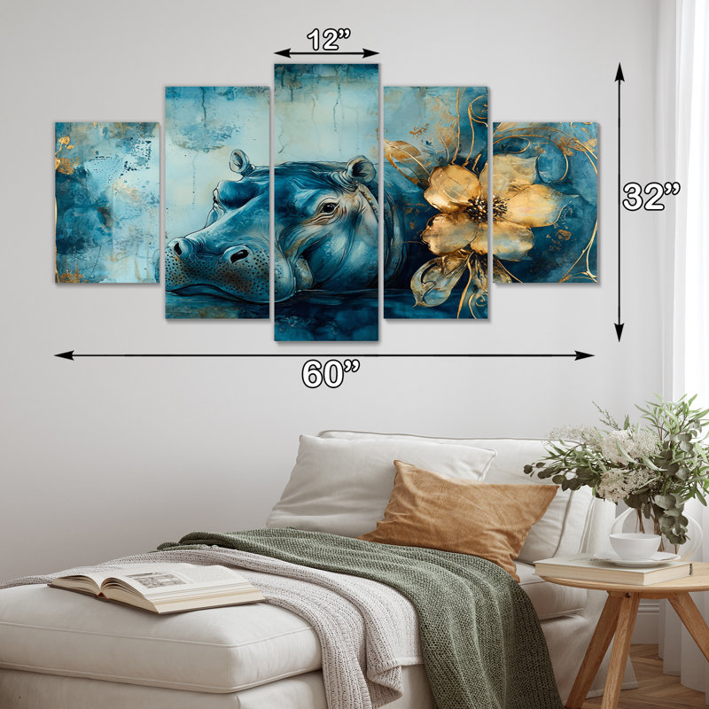 «Blue Art Nouveau Hippo Accents With Yellow II - Hippopotamus», ensemble d'art sur toile