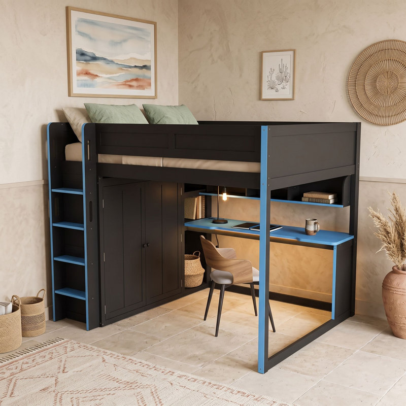 Lit mezzanine double en bois avec bureau, éclairage DEL, ports USB, armoire et étagères, Black Blue