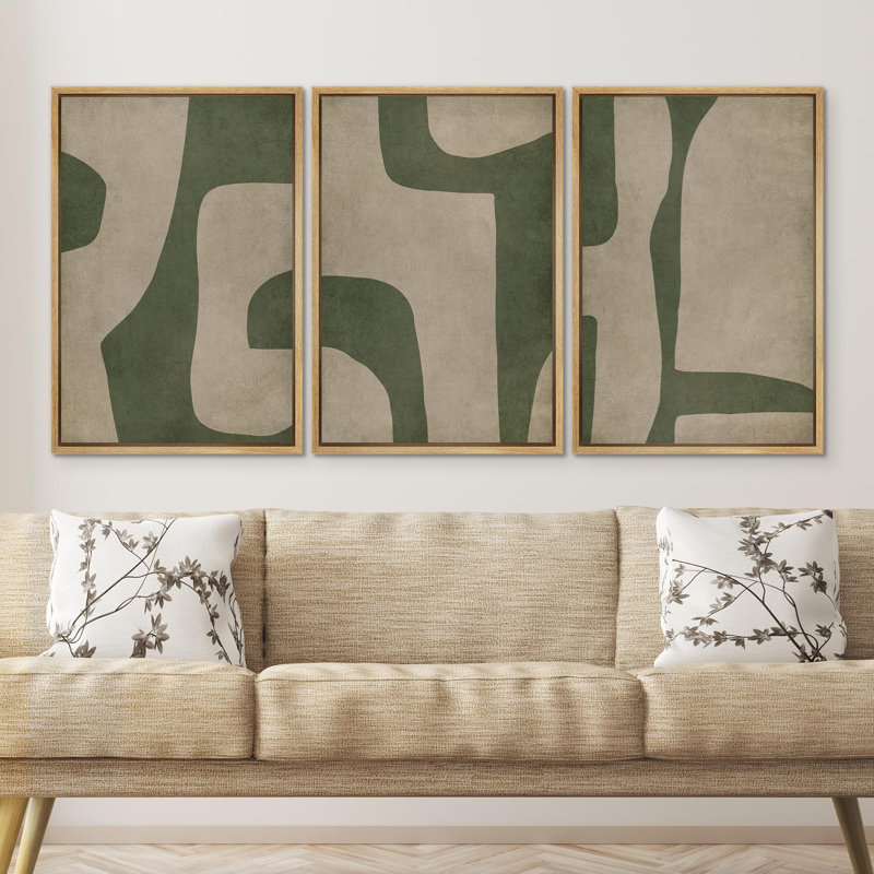 "Abstrait géométrique vert et beige, illustrations, art moderne, décor boho relax zen nordique" - 3 pièces, H 36 po x l 24 po